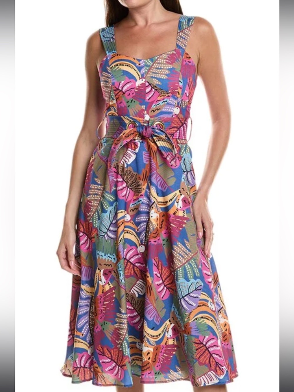 Tahari ASL Multicolor Tropical Leaf Midi Dress